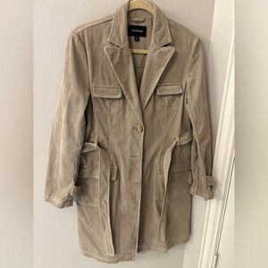 Express Corduroy Trench Coat Dove Black Belted Button Long Jacket Womens 9/10